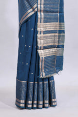 Steel blue zari motifs design mushru silk saree with salf zari border and contrast blouse