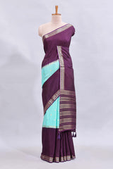 Turquoise blue zari motifs design mushru silk saree with contrast temple design border and zari blouse
