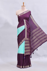 Turquoise blue zari motifs design mushru silk saree with contrast temple design border and zari blouse