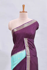Turquoise blue zari motifs design mushru silk saree with contrast temple design border and zari blouse