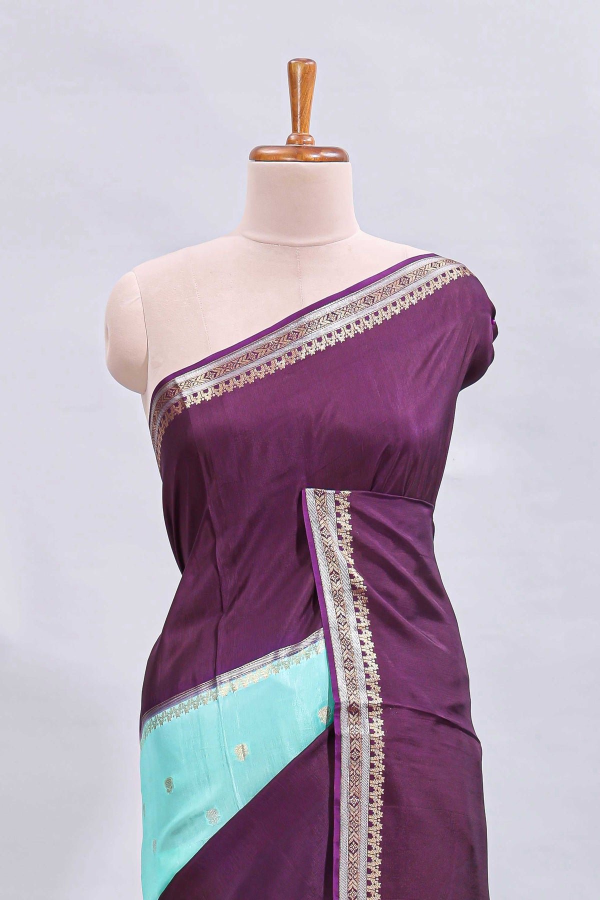 Turquoise blue zari motifs design mushru silk saree with contrast temple design border and zari blouse