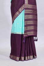 Turquoise blue zari motifs design mushru silk saree with contrast temple design border and zari blouse