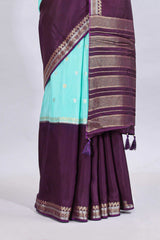 Turquoise blue zari motifs design mushru silk saree with contrast temple design border and zari blouse