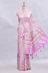 Borderless pastel lavender striped animal zari motifs design mushru silk saree with self pallu and matching blouse