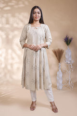 Off White floral printed A-line maternity wear with 3/4 sleeves and keyhole neck