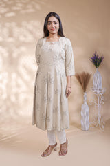 Off White floral printed A-line maternity wear with 3/4 sleeves and keyhole neck