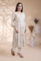 Off White floral printed A-line maternity wear with 3/4 sleeves and keyhole neck