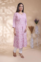 Plum lavender abstract printed A-line maternity wear with 3/4 sleeves and keyhole neck