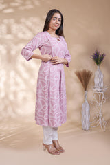 Plum lavender abstract printed A-line maternity wear with 3/4 sleeves and keyhole neck