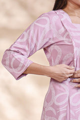 Plum lavender abstract printed A-line maternity wear with 3/4 sleeves and keyhole neck