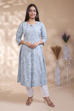 Baby blue abstract printed A-line maternity wear with 3/4 sleeves and keyhole neck