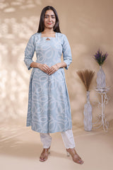 Baby blue abstract printed A-line maternity wear with 3/4 sleeves and keyhole neck