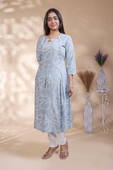 Baby blue abstract printed A-line maternity wear with 3/4 sleeves and keyhole neck