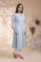 Baby blue abstract printed A-line maternity wear with 3/4 sleeves and keyhole neck