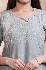Grey printed A-line maternity wear with 3/4 sleeves and keyhole neck