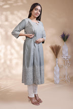 Grey printed A-line maternity wear with 3/4 sleeves and keyhole neck