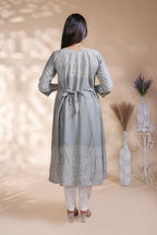 Grey printed A-line maternity wear with 3/4 sleeves and keyhole neck