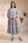 Grey floral printed A-line maternity wear with 3/4 sleeves and keyhole neck