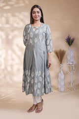 Grey floral printed A-line maternity wear with 3/4 sleeves and keyhole neck