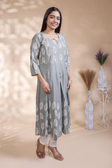 Grey floral printed A-line maternity wear with 3/4 sleeves and keyhole neck