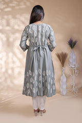 Grey floral printed A-line maternity wear with 3/4 sleeves and keyhole neck
