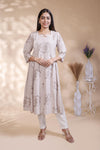 Beige floral printed A-line maternity wear with 3/4 sleeves and keyhole neck
