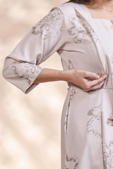 Beige floral printed A-line maternity wear with 3/4 sleeves and keyhole neck