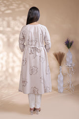 Beige floral printed A-line maternity wear with 3/4 sleeves and keyhole neck