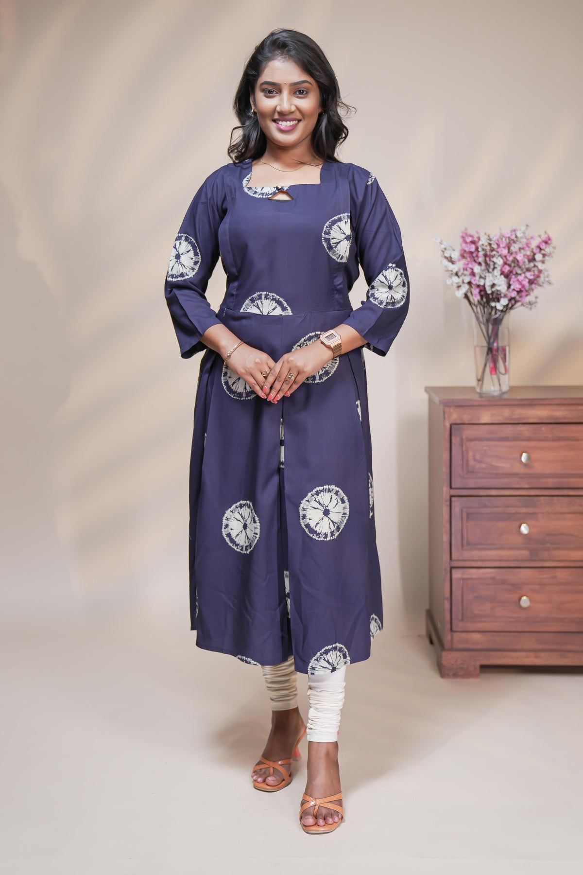 Blue circular motifs box pleat maternity wear with 3/4 sleeves and box neck