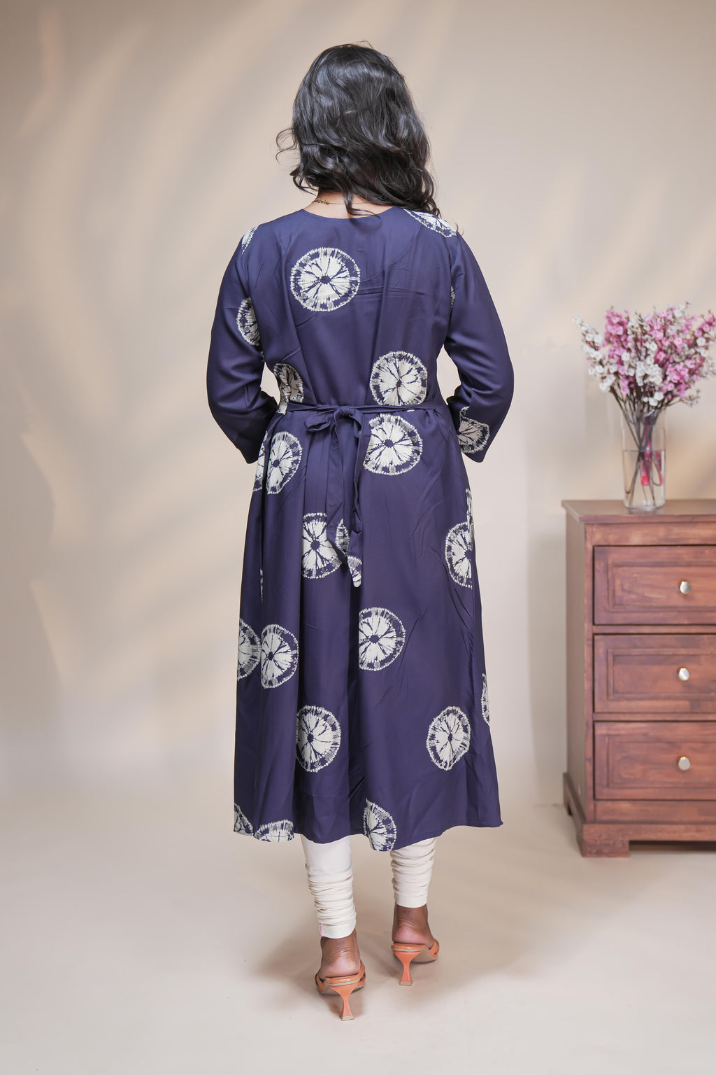 Blue circular motifs box pleat maternity wear with 3/4 sleeves and box neck
