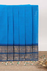 Blue plain narayanapet cotton saree with contrast zari border and stripe pallu