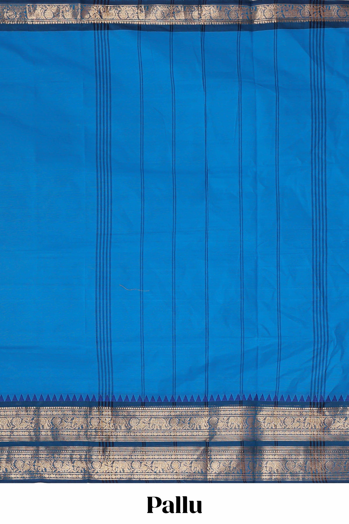 Blue plain narayanapet cotton saree with contrast zari border and stripe pallu