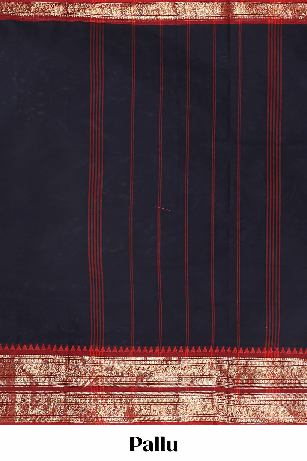 Dark blue plain narayanapet cotton saree with contrast zari border and stripe pallu