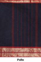 Dark blue plain narayanapet cotton saree with contrast zari border and stripe pallu