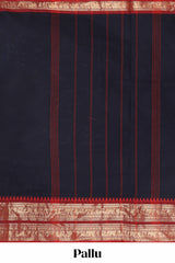 Dark blue plain narayanapet cotton saree with contrast zari border and stripe pallu