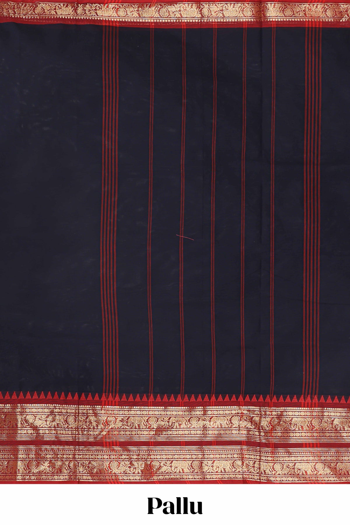 Dark blue plain narayanapet cotton saree with contrast zari border and stripe pallu