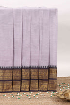 Grey plain narayanapet cotton saree with contrast zari border and stripe pallu