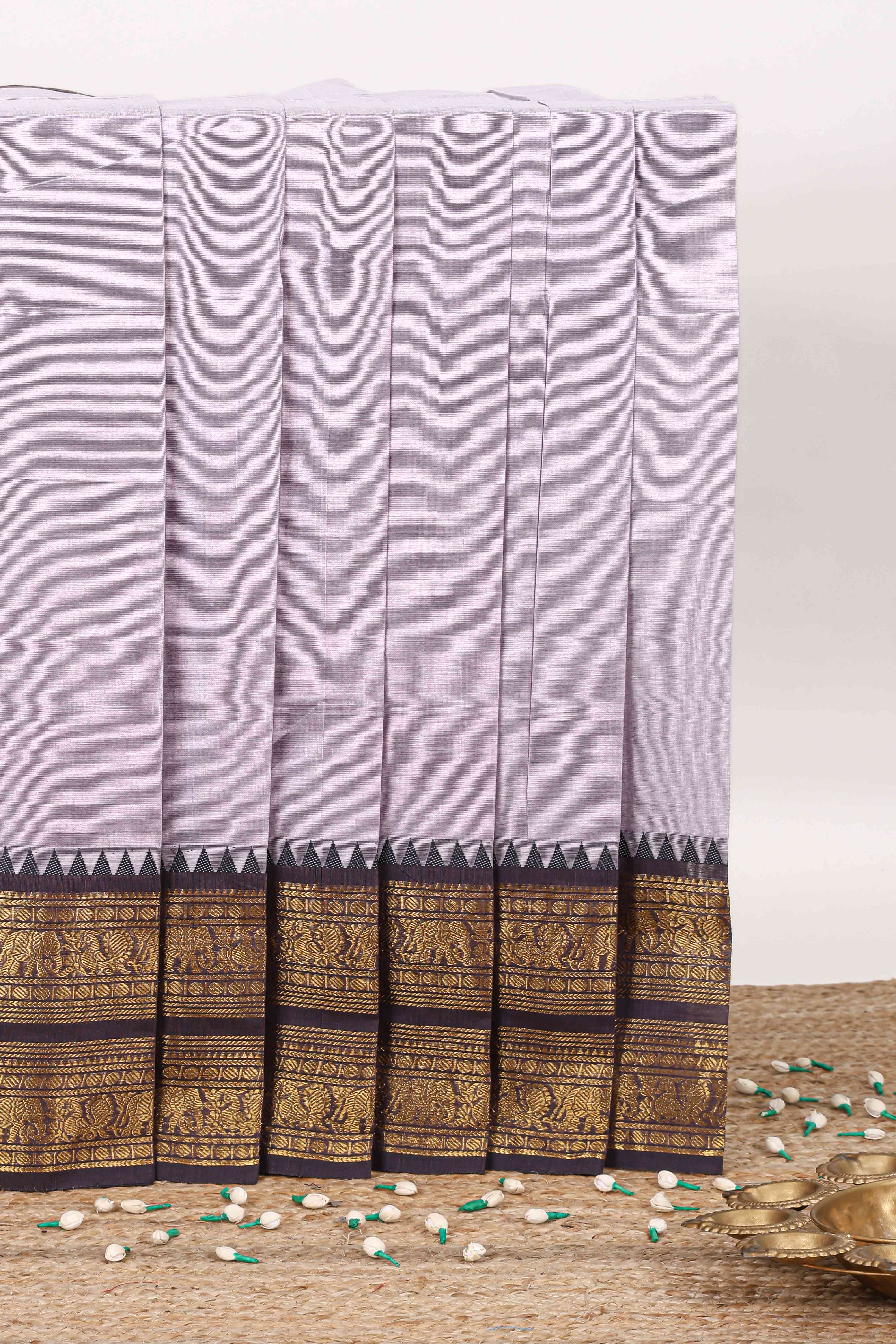 Grey plain narayanapet cotton saree with contrast zari border and stripe pallu
