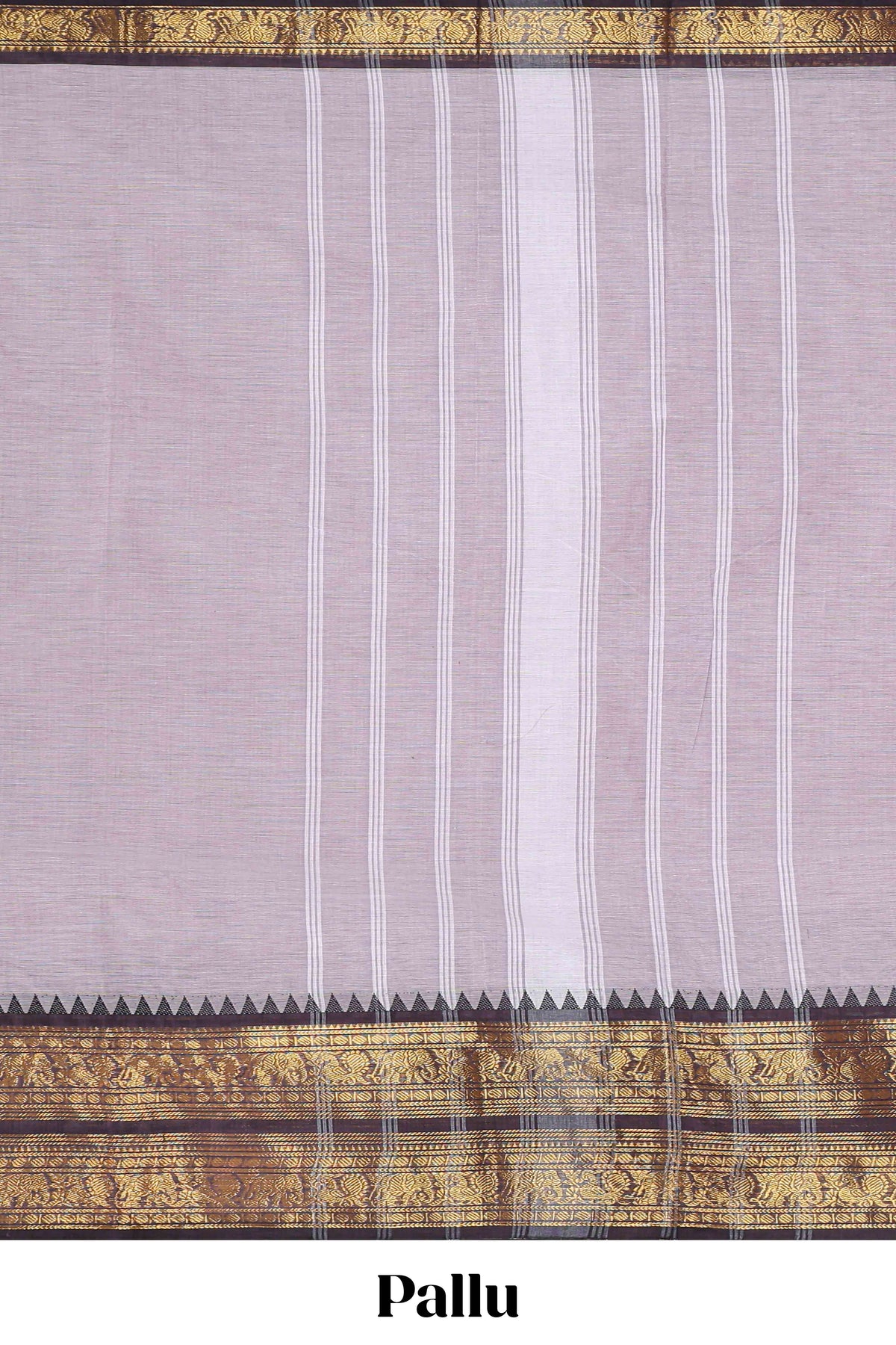 Grey plain narayanapet cotton saree with contrast zari border and stripe pallu