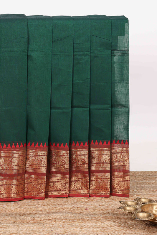 Green plain narayanapet cotton saree with contrast zari bendex border and stripe pallu