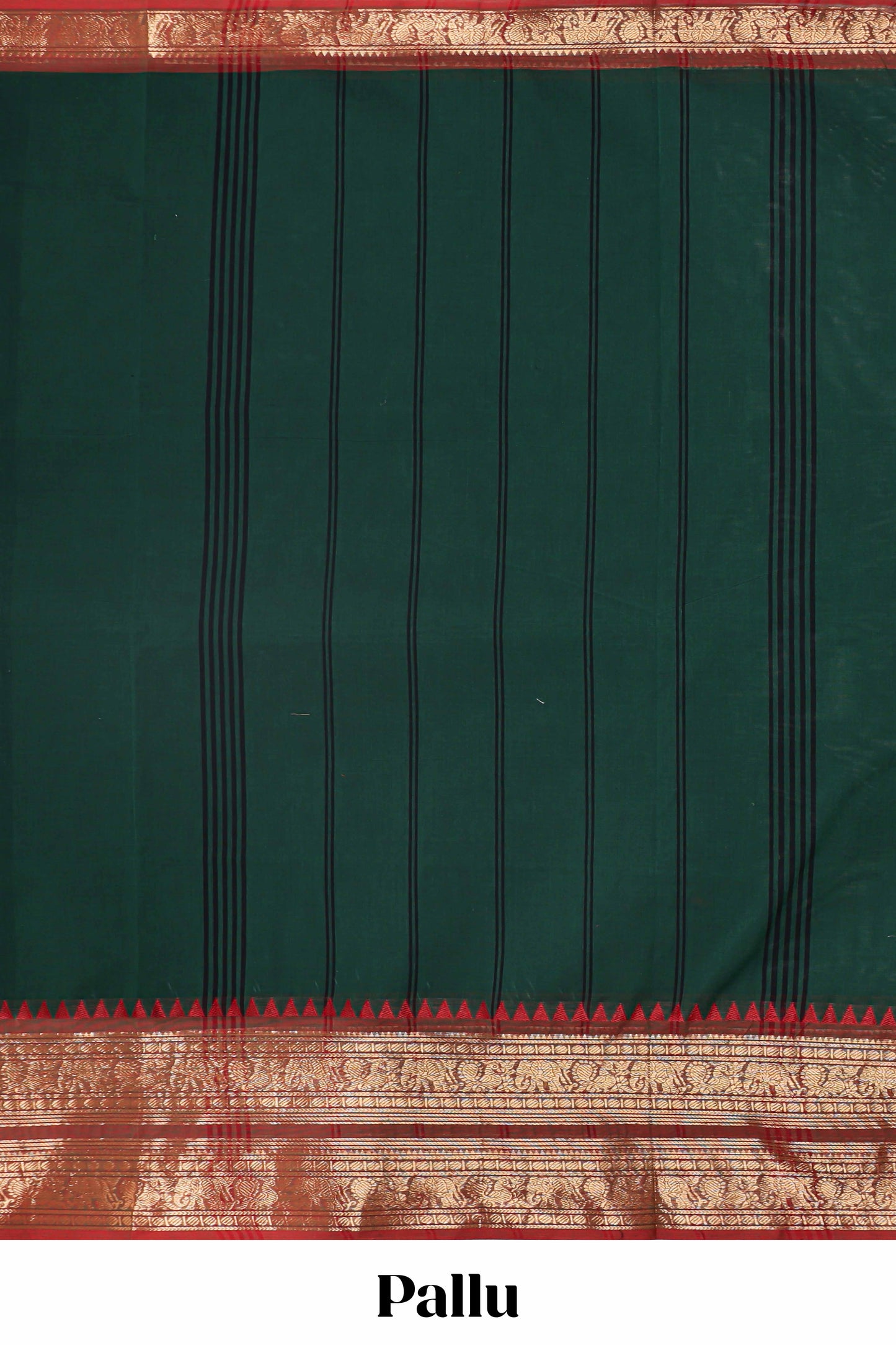 Green plain narayanapet cotton saree with contrast zari bendex border and stripe pallu