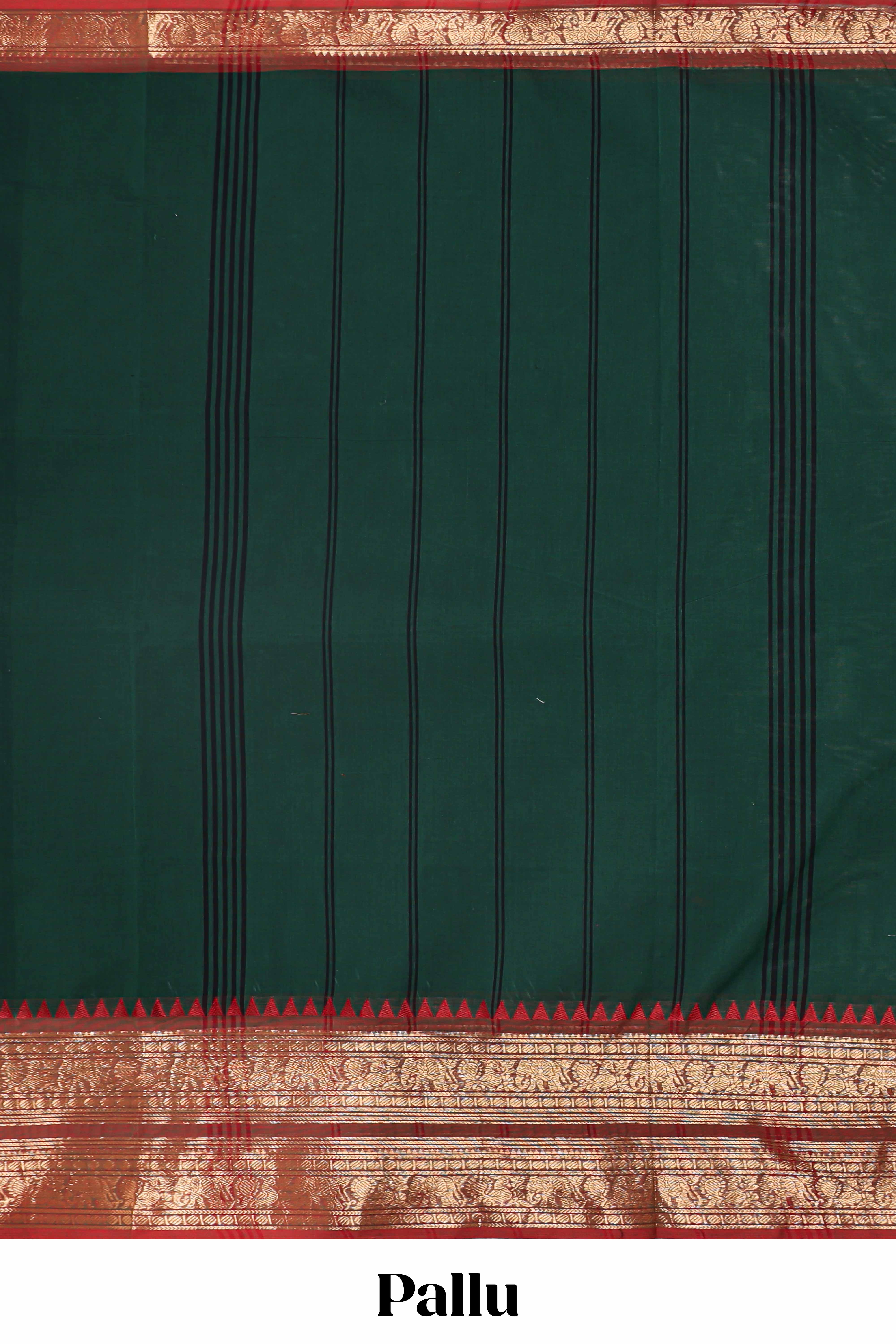 Green plain narayanapet cotton saree with contrast zari bendex border and stripe pallu
