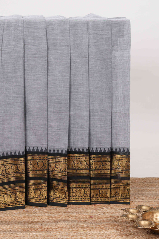 Grey plain narayanapet cotton saree with contrast zari bendex border and stripe pallu