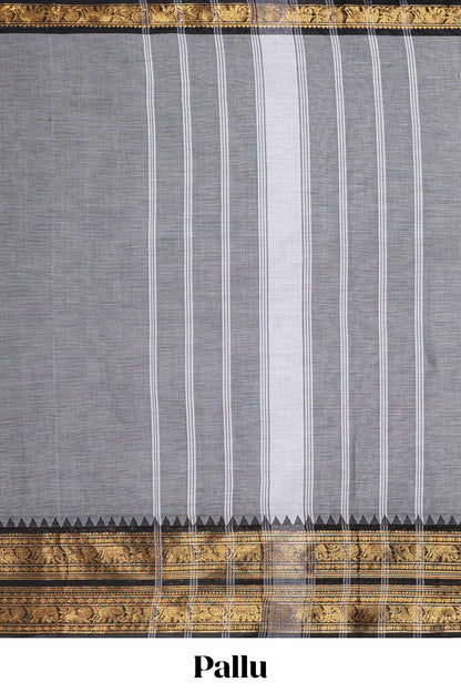 Grey plain narayanapet cotton saree with contrast zari bendex border and stripe pallu