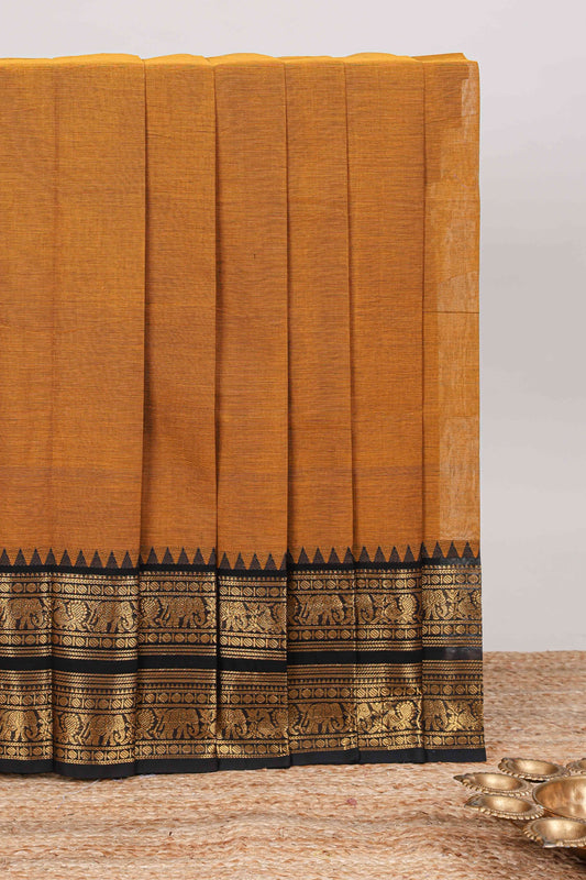 Mustard plain narayanapet cotton saree with contrast zari bendex border and stripe pallu