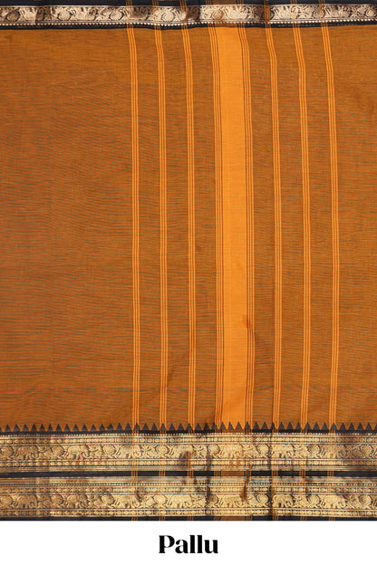 Mustard plain narayanapet cotton saree with contrast zari bendex border and stripe pallu