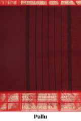 Maroon plain narayanapet cotton saree with contrast zari bendex border and stripe pallu