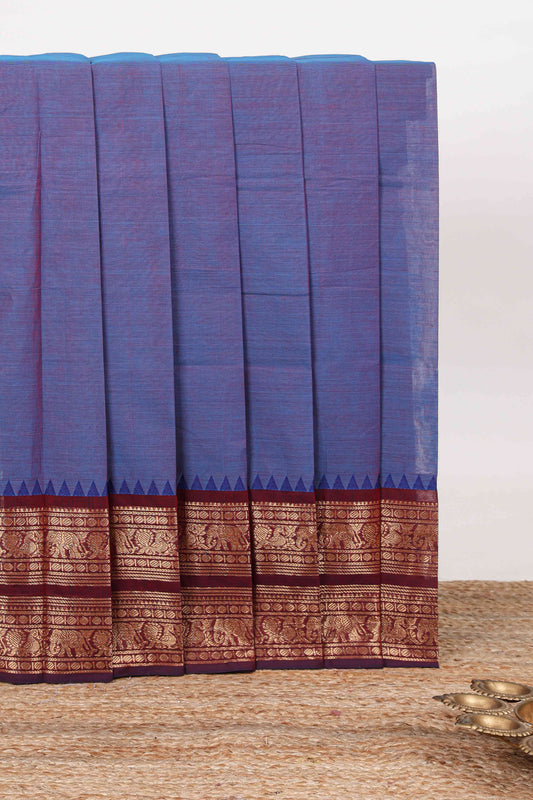 Lavender plain narayanapet cotton saree with contrast zari bendex border and stripe pallu