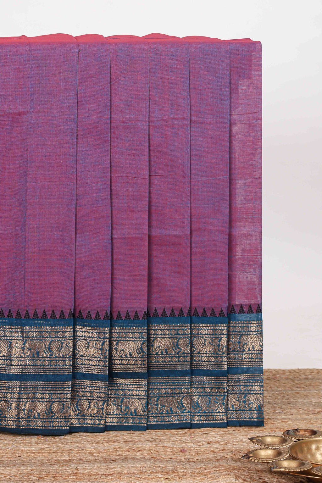 Purple plain narayanapet cotton saree with contrast zari bendex border and stripe pallu