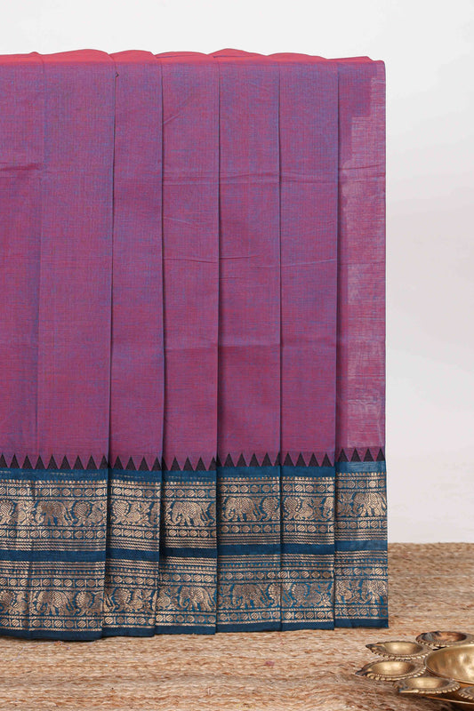 Purple plain narayanapet cotton saree with contrast zari bendex border and stripe pallu
